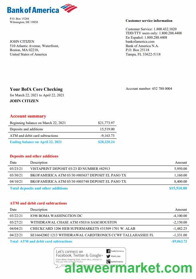 USA Bank of America bank statement template in Word and PDF format, version 4